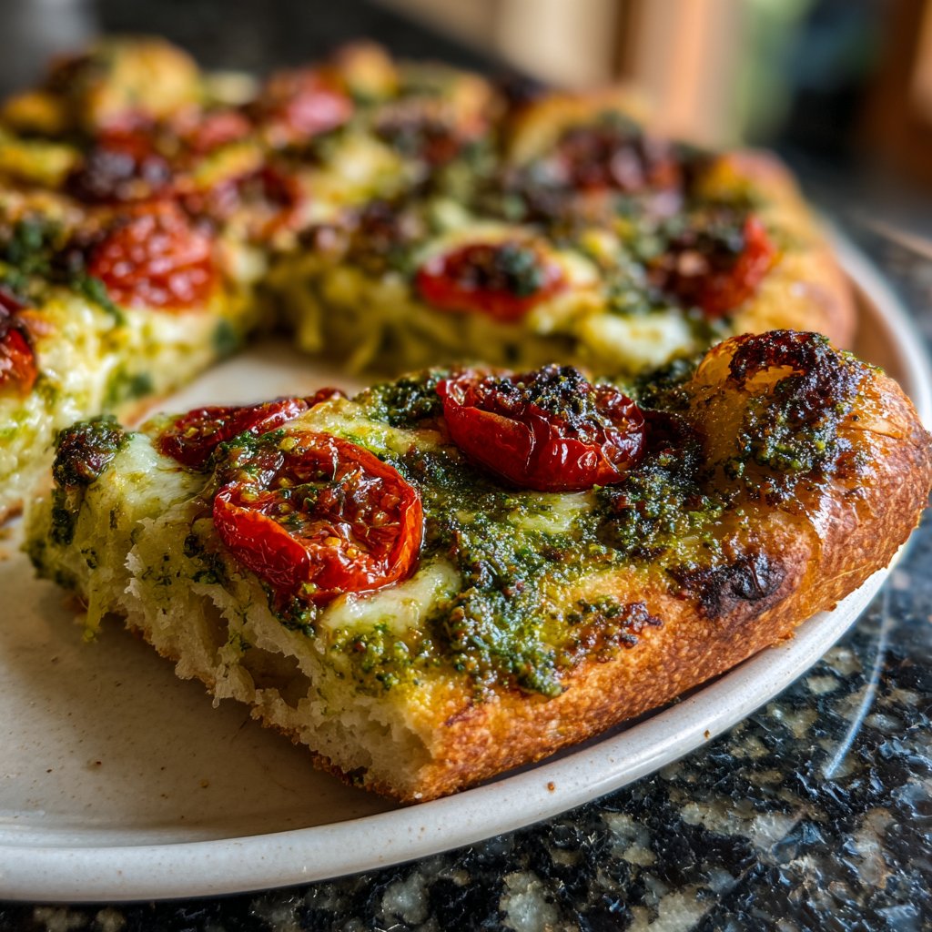Pizza mit Pesto und Kirschtomaten